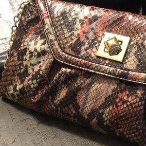 Nine West Snakeskin-Print Clutch in Brown, Green & Coral with Gold Hardware